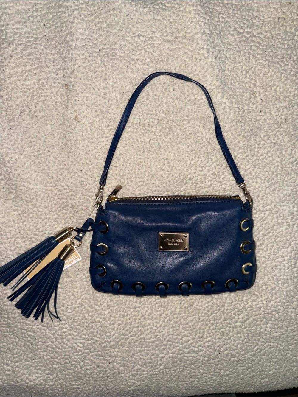 Michael Kors Blue Leather Wristlet with Tassel Accent